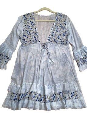 Boho Peasant Sz L Dress Beachy Ruffles Beaded Empire Waist ¾ Ruffled Sleeves